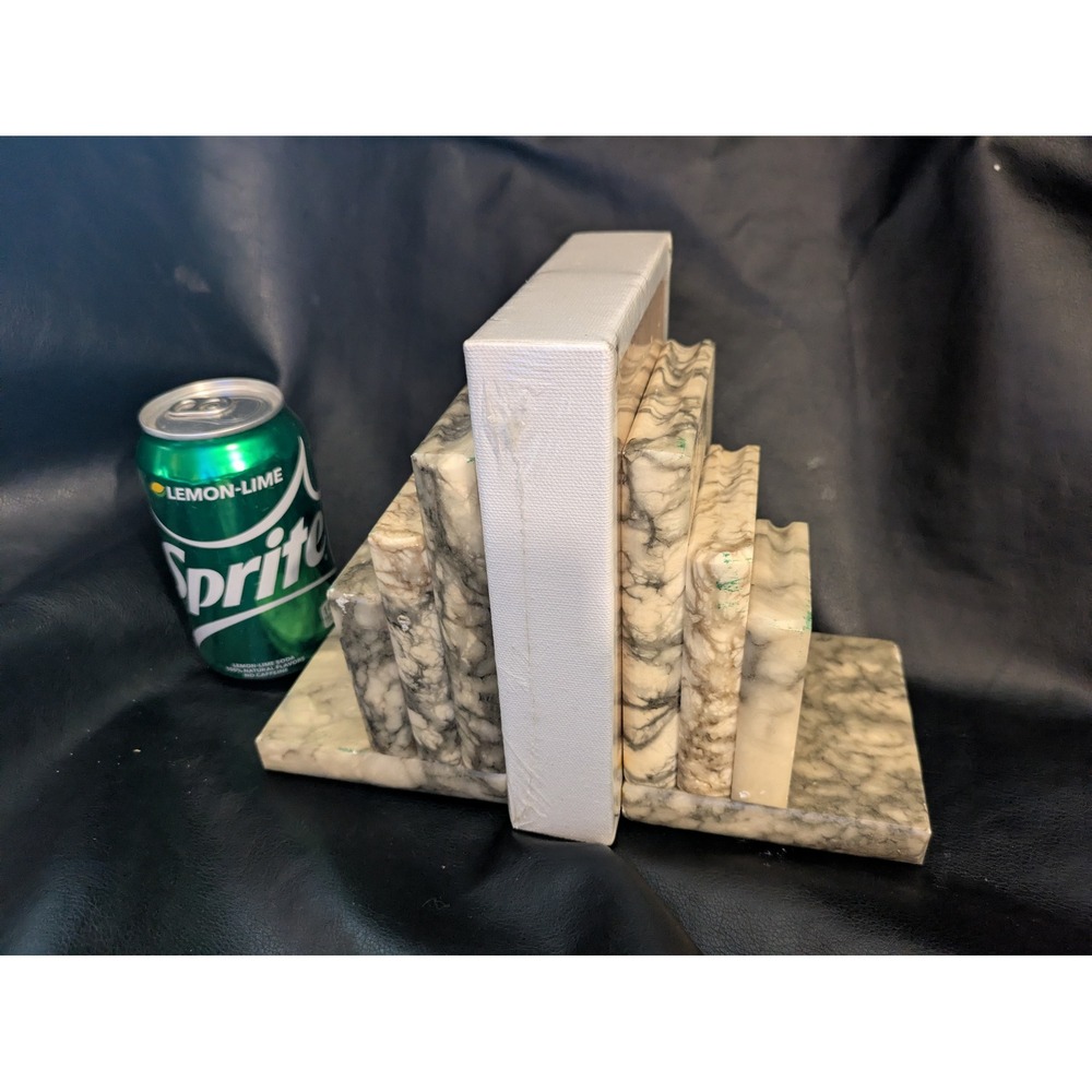 Vintage Art Deco Marble Bookends Stepped Skyscraper Design Grey Cream Stone 6 In